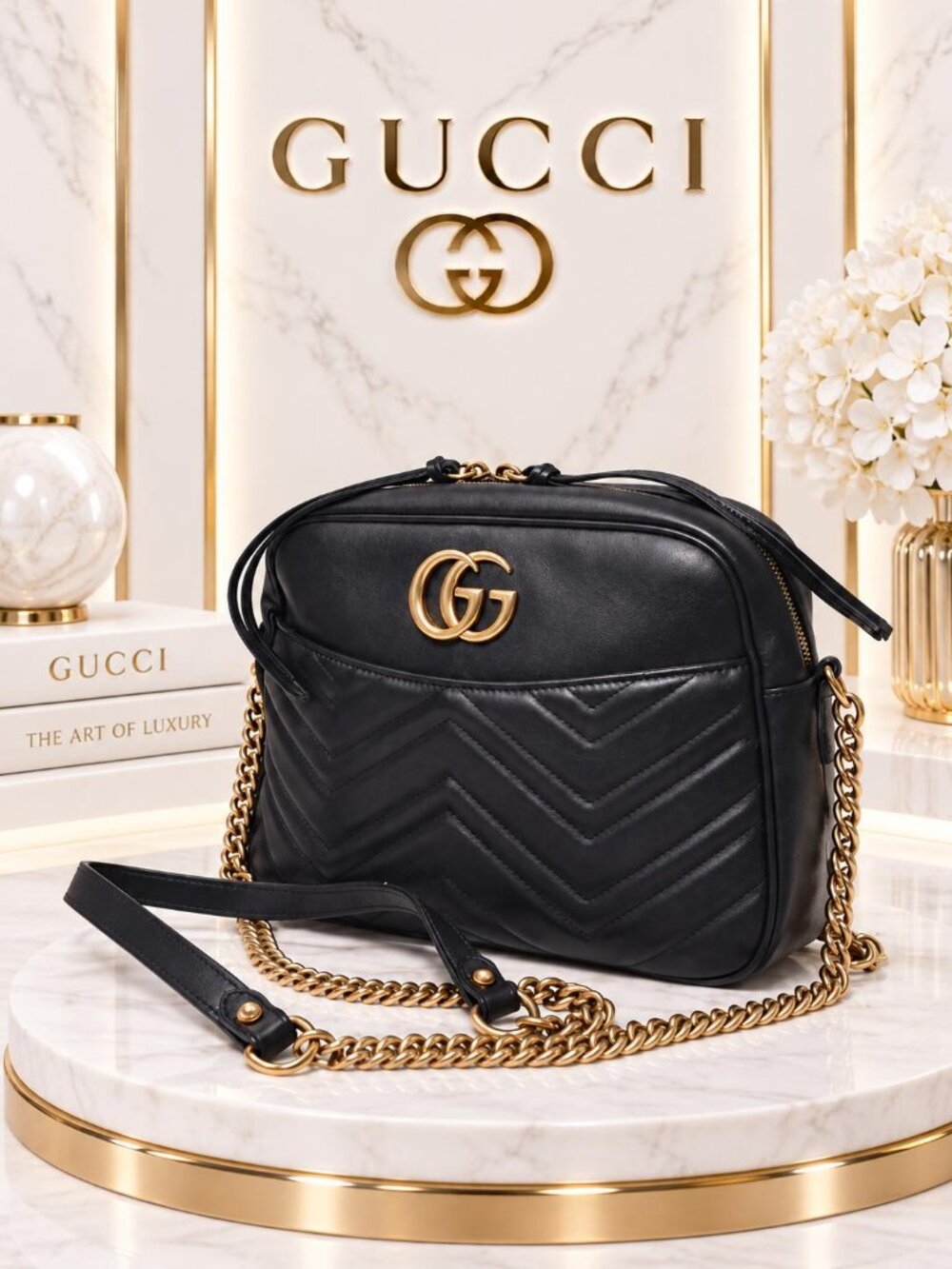 Authentic Gucci GG Marmont Small Camera Bag Black Leather Matelassé Crossbody